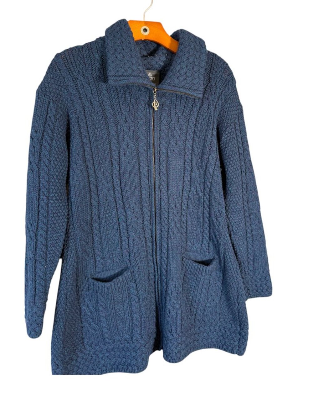 Aran Sweater Market Cable Knit Zip Cardigan Blue Purple Merino Wool  L
